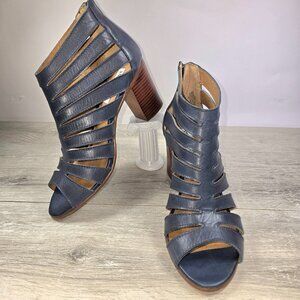 Steve Madden Leather Gladiator Sandals Sz 9B Navy Blue Block Heels Peep Toe